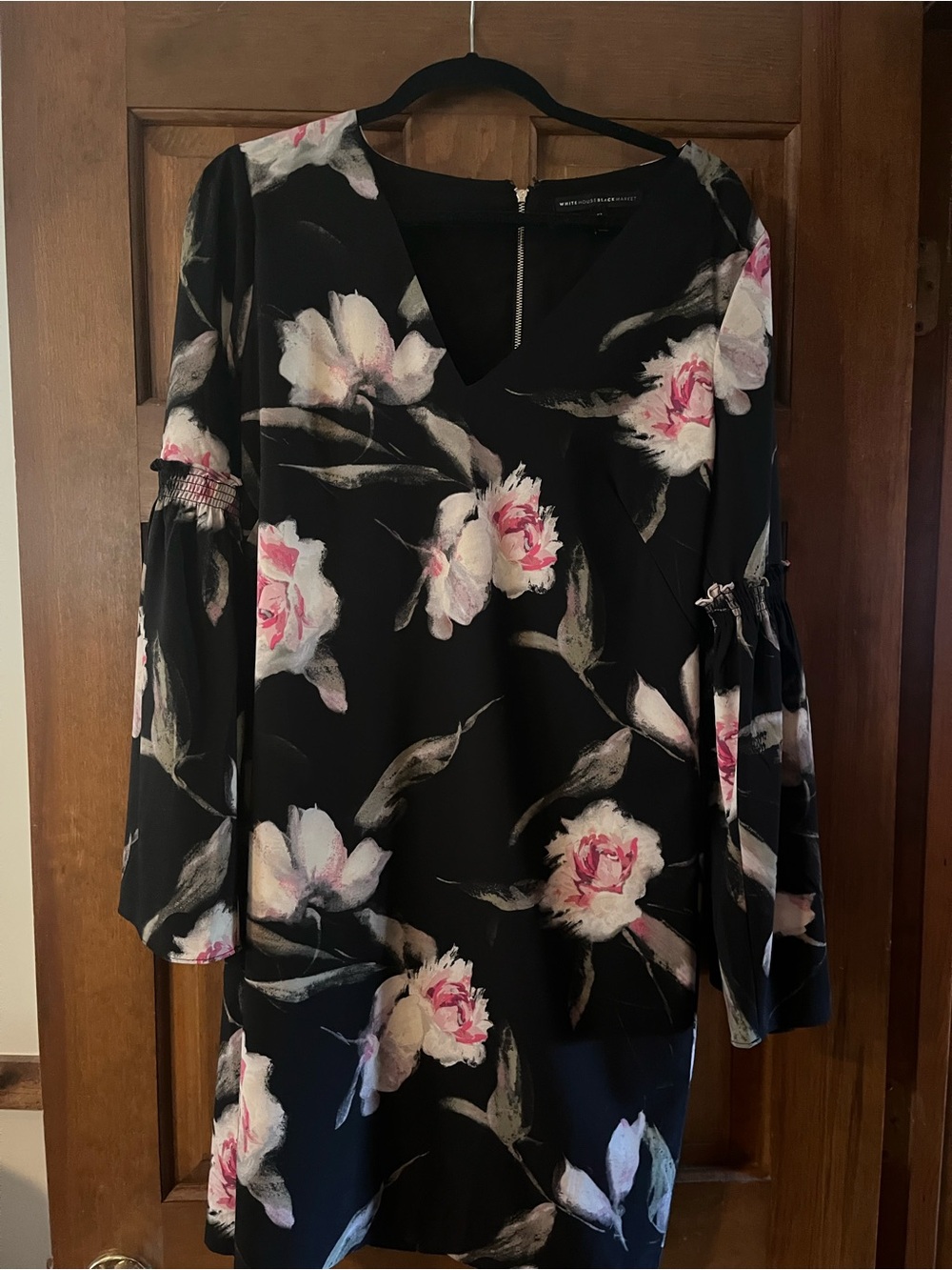 Worthington Black Floral V-Neck Bell Sleeve Tunic with Pink Accents